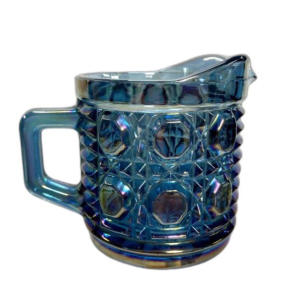 Vintage Indiana Blue Iridescent Carnival Glass Windsor 3 inch Cream Pitcher EUC - Picture 3 of 13